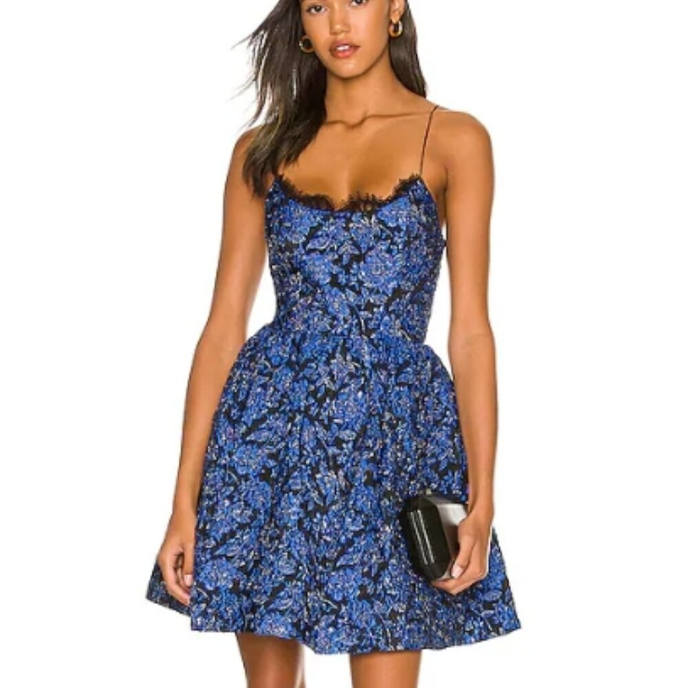 NWOT Alice + Olivia Kendra Jacquard Lace Bust Cup Blue Party Mini Dress XS $495